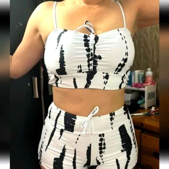 All Over Print Tie Front Boxer Short Bikini Swimsuit, Women's Swimwear sz large - Picture 4 of 15